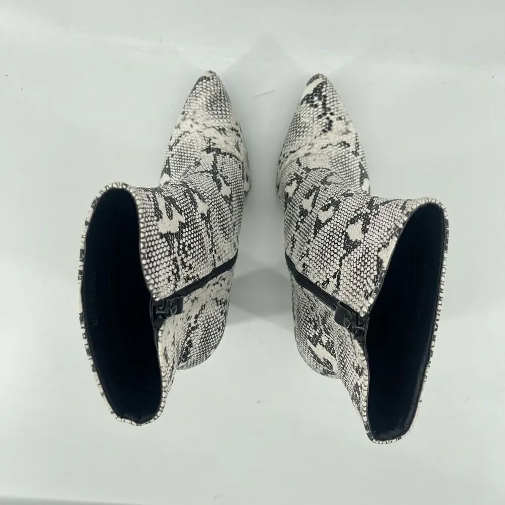 Women’s Black White Snakeprint Embossed Faux Leather Block Heel Ankle Boots 8.5
